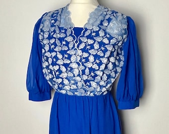 Handmade 70s Vintage Blue & Silver Occasion Maxi Dress