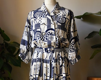 Retro Nautical Abstract Pattern 80s Vintage White & Navy Dress