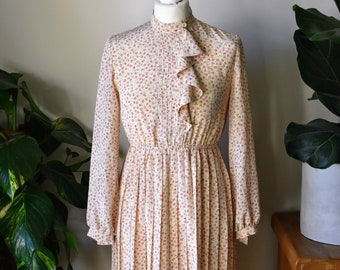 70s Vintage Floral Dress: Cream Frill Collar Detail