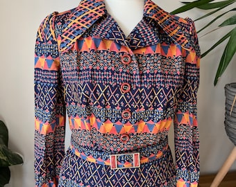 70s 80s Vintage Patterned Long Sleeved Dress Small