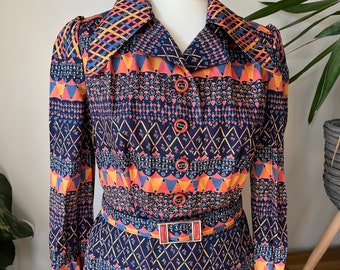70s 80s Vintage Patterned Long Sleeved Dress Small