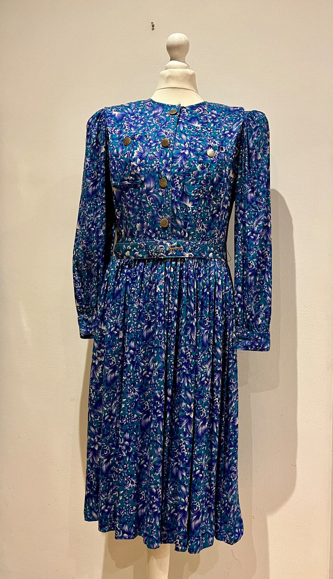 1980s Blue Floral Belted Dress | XS/S