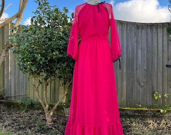 80s Vintage Vera Mont Pink Heart Print Maxi Dress - Small-Medium