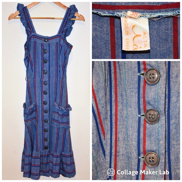 70s Vintage Button-Down Striped Summer Dress Greece