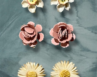 Set of 3 Pairs of Vintage Flower Clip-on Earrings