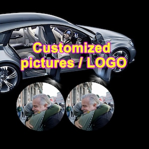 May include: A silver sedan with open doors featuring a car door projector light system. The light projects a circular image of two people hugging onto the ground. The text Customized pictures / LOGO is overlaid in yellow on the car image.