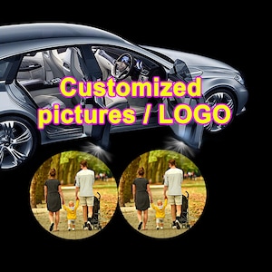 May include: A silver car with open doors projecting light onto the ground. The projected light displays a circular image of a family walking in a park. The text "Customized pictures / LOGO" is overlaid in yellow and pink on the car image.