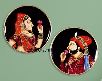 Rajput Raja Rani Pichwai Painting, Traditional Indian Wall Decor, Wooden Plate Set