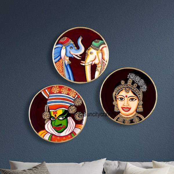 Set of 3 Hand Painted Pichwai Plates, Kathakali Wall Hanging, Kerala Home Decor, Pichwai Cow Painting, Home Warmimg Gift, Indian Handicrafts