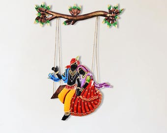 Decoración de pared metálica de Radha Krishna para sala de estar, regalo de inauguración de casa, decoración religiosa india para el hogar, adorno de pared para templo, regalo de boda hindú