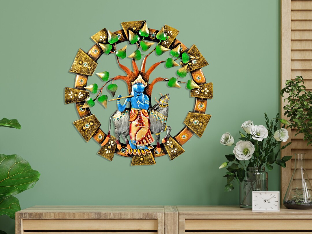 Krishna With Cow Indian Metal Wall Art, Decorative Gift Item Kamdhenu