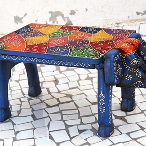 Indian Wooden Hand Painted Elephant Stool, Folk Art Table Accent, Wooden Chair, Indian Handicraft, Elephant Chair, Rajasthani Bajot Table