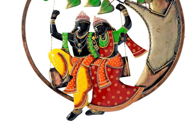 Handmade Radha Krishna Swing Jhula Metal Wall Art, Indian God Wall