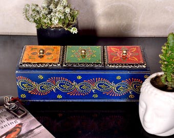 Handpainted Indian Wooden Spice Box, Decorative Trinket Organizer