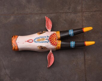 Hand-Painted Wooden Cow Head Wall Hanging, Indian Decor