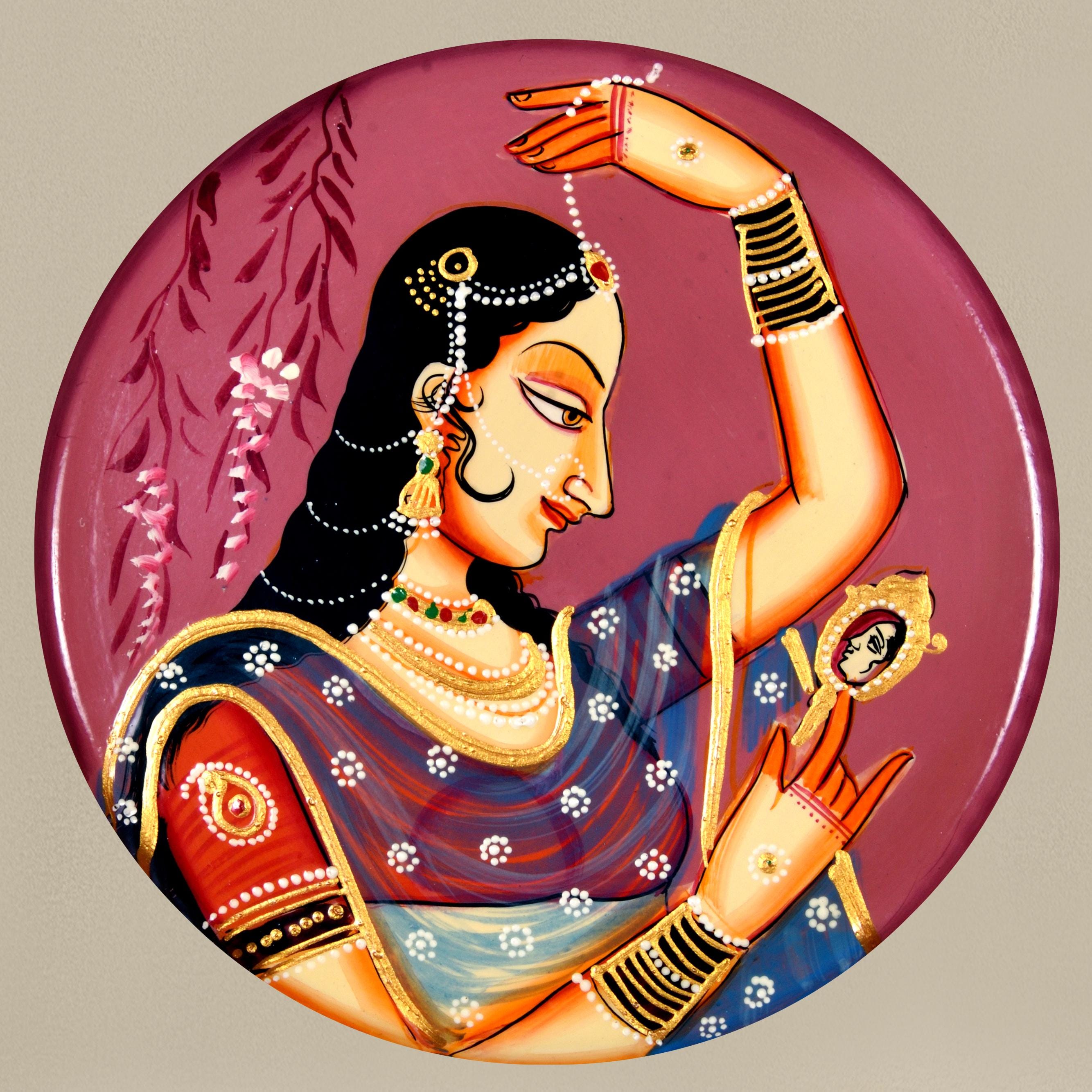 手描きのピチワイ木製壁プレート、インド王女バニタニアート、10インチ