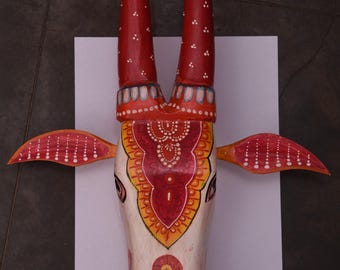 Hand-Painted Wooden Nandi Cow Head, Indian Wall Hanging