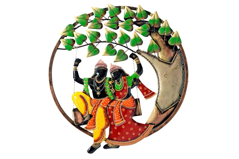 Handmade Radha Krishna Swing Jhula Metal Wall Art, Indian God Wall