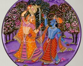 Radha Krishna Pichwai pintado a mano, decoración de pared de madera de 12 pulgadas