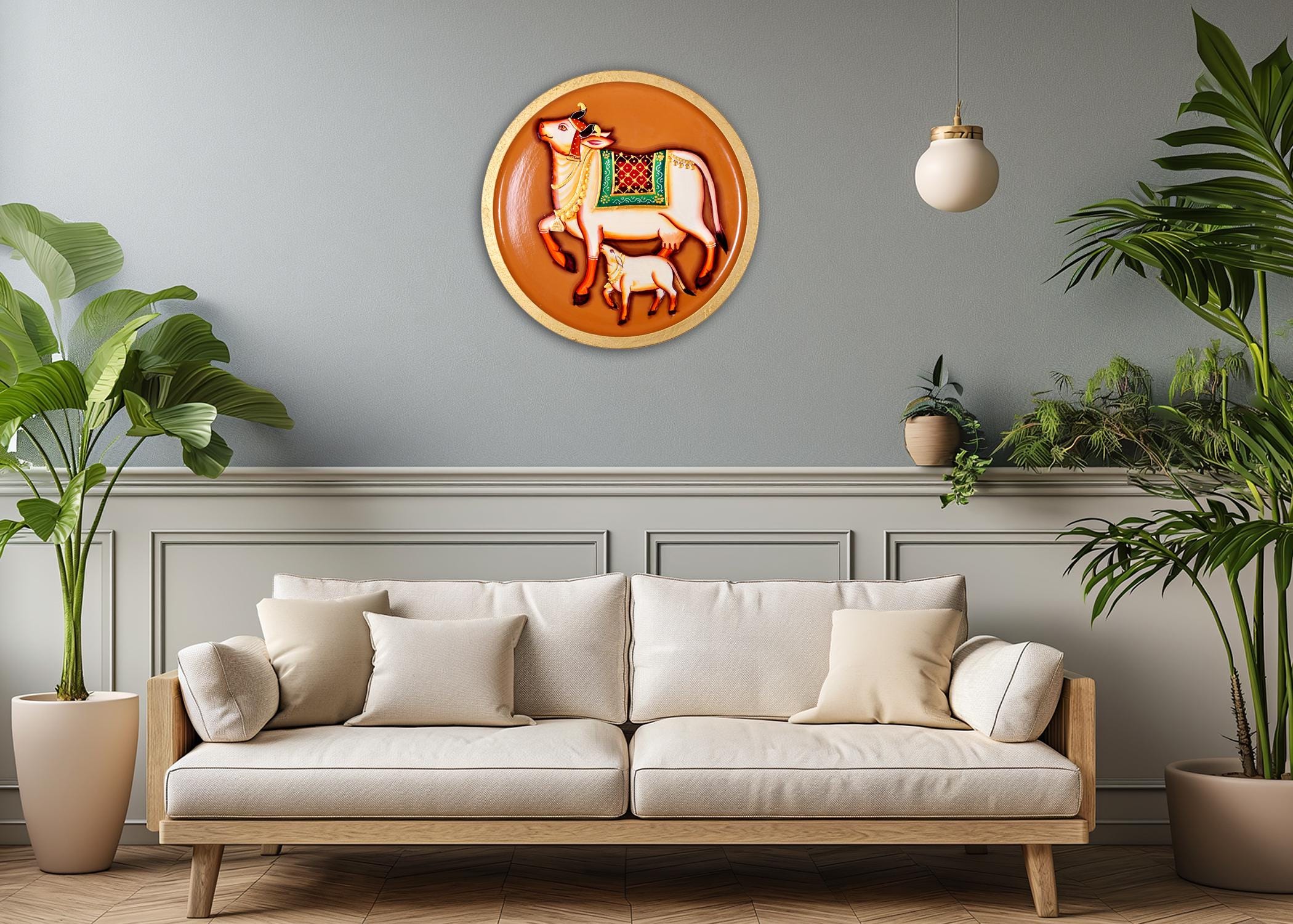 Pichwai Kamdhenu Cow With Calf Wooden Wall Plate, Indian