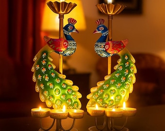 Handbemalte Metall Pfau Teelichthalter | Diwali Decor, 2er-Set, Weihnachtsdekor
