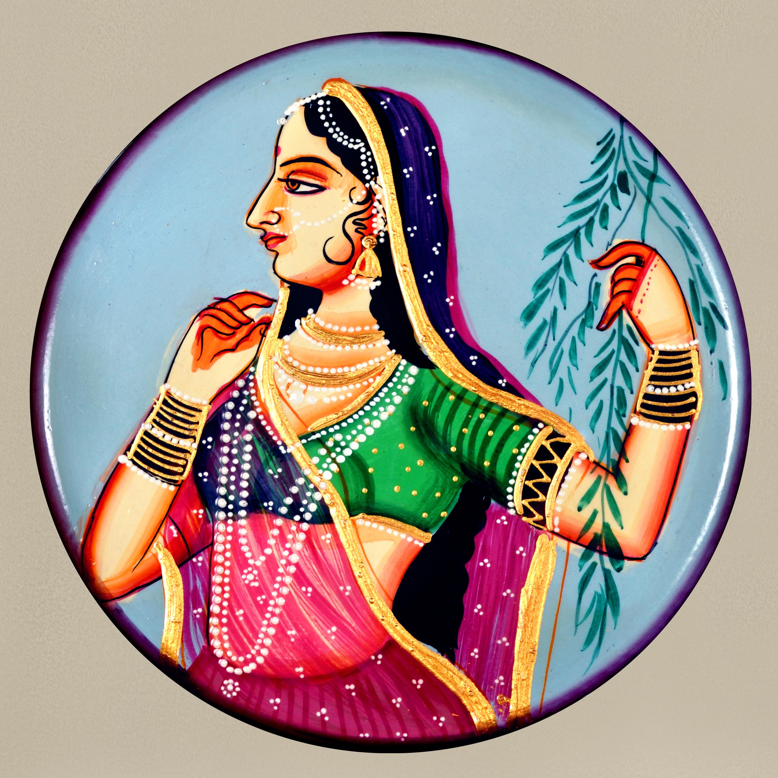 手描きのピチワイ木製壁プレート、インド王女バニタニアート、10インチ