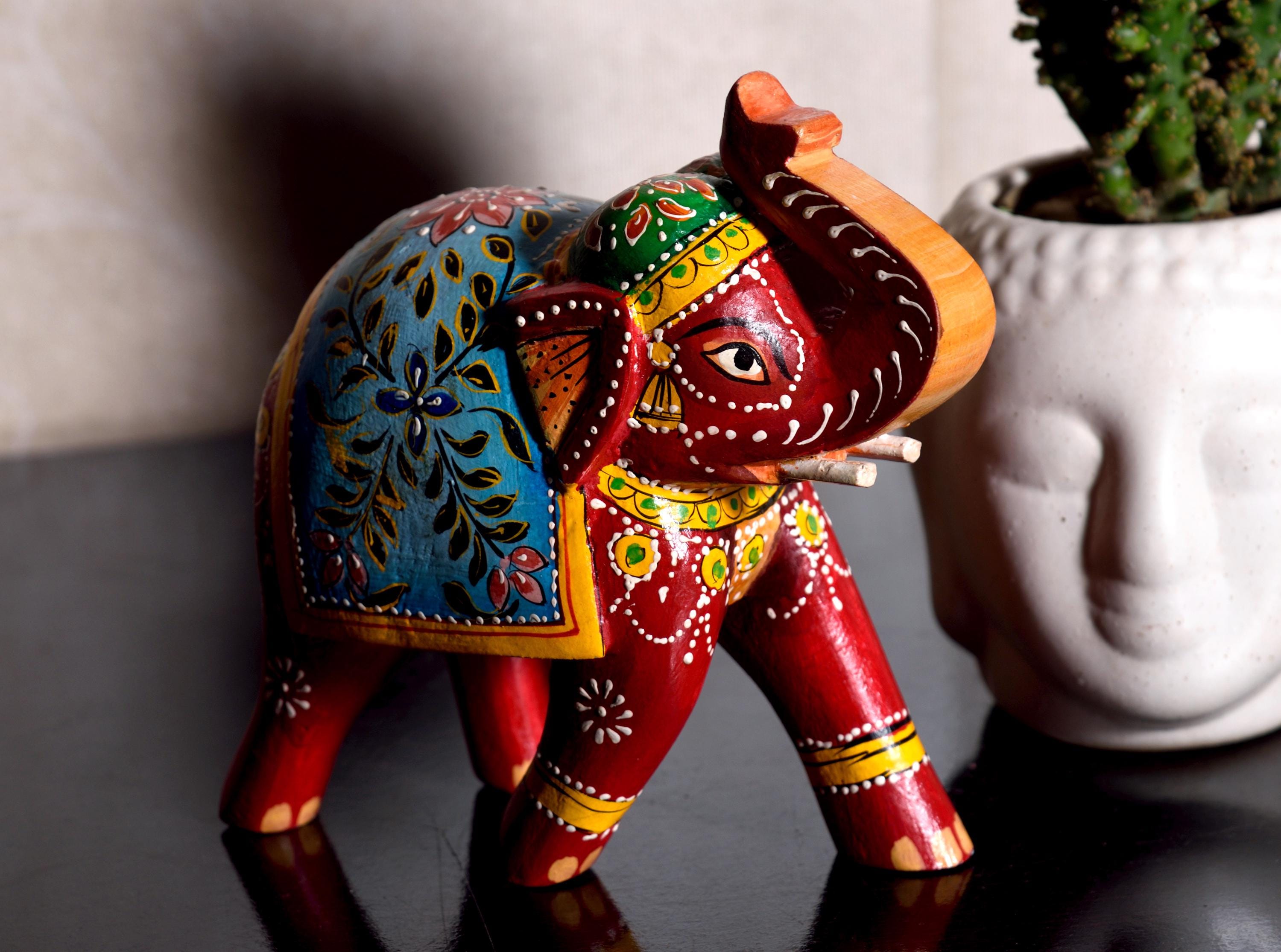 Hand Carved Wooden Elephant Statue, Painted Rajasthani Art - Etsy
