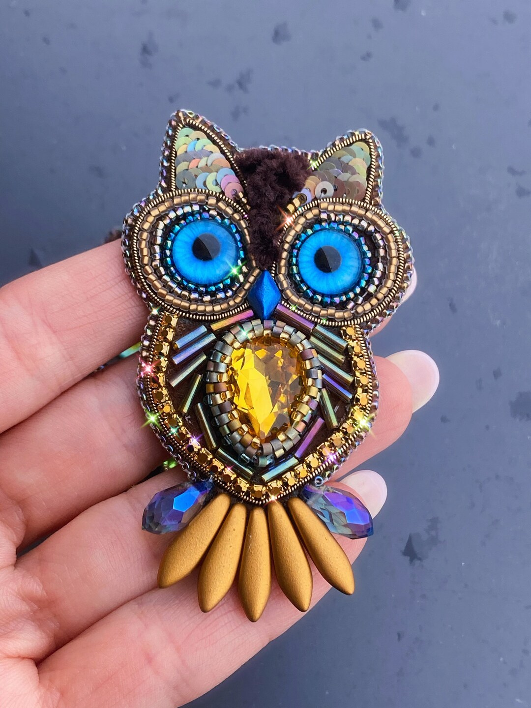 Image showcasing Brown Owl Blue Eyes, Embroidery Brooch. Night Bird Pin. Forest Symbol ...