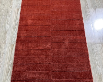 Hand Tufted Wool Rug, Rust Red Geometric Carpet, Modern Minimalist Design