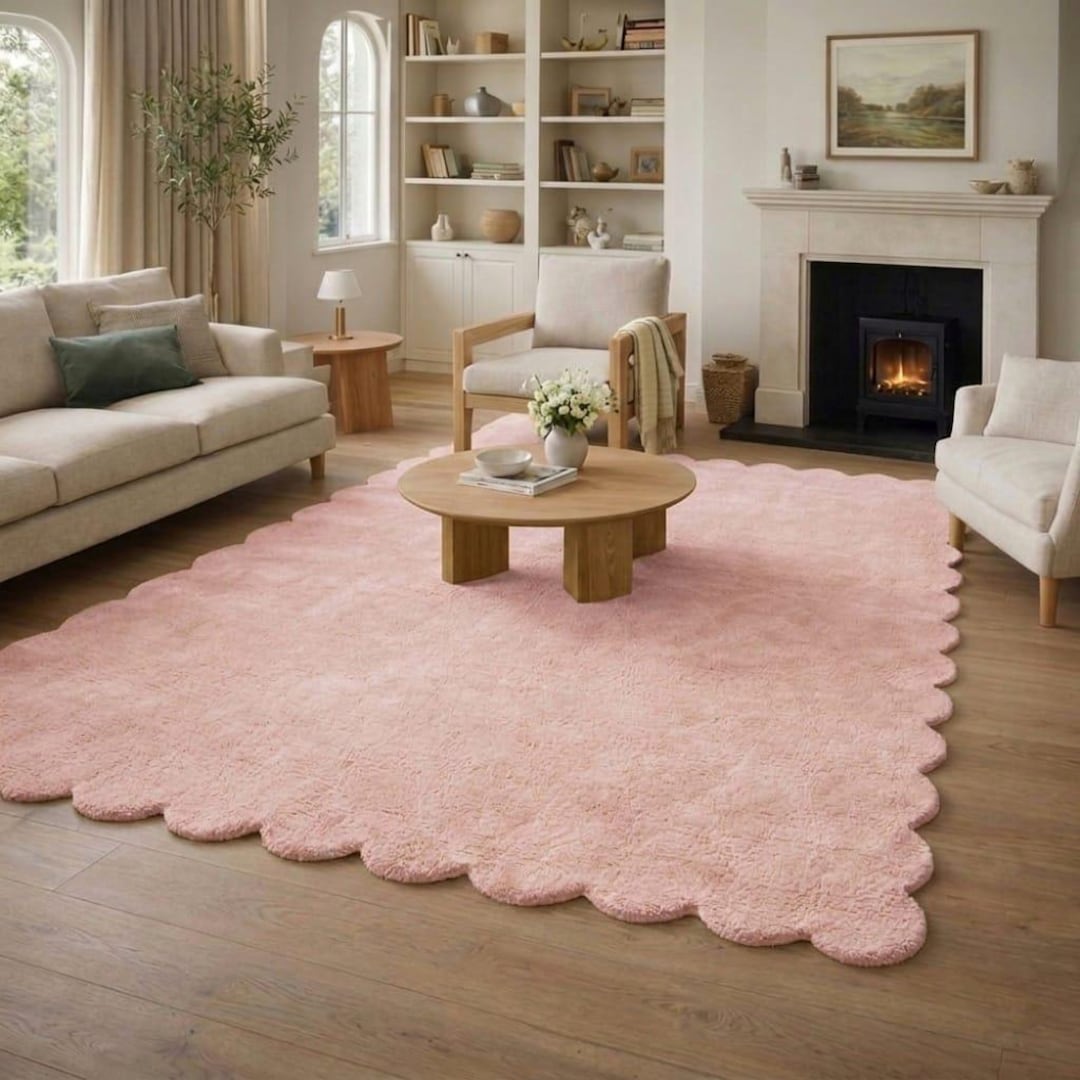 Hand Tufted Wool Area Rug 8x10, Soft Pink Scalloped Floor Decor - Etsy