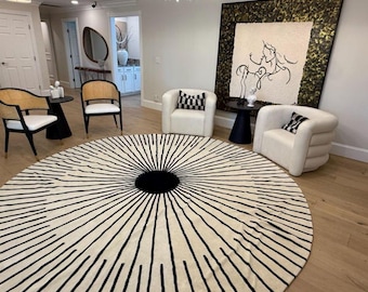 Hand-Tufted Wool Round Rug: Black White Sunburst Design (8x8)
