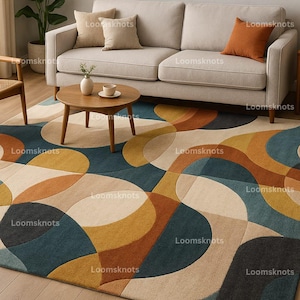 Geometric Mid Century Modern Area Rug – Hand Tufted Wool Carpet with Curved Abstract Pattern – Living Room Rug in Mustard Teal Orange Tones