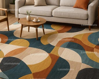 Hand-Tufted Wool Area Rug: Mid-Century Modern Geometric Abstract Design