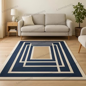 Mid Century Boho Rug Geometric Contemporary Abstract Rug Unique Blue Beige Large Area Rug 8x10 Modern Minimalist Rug for Living Room