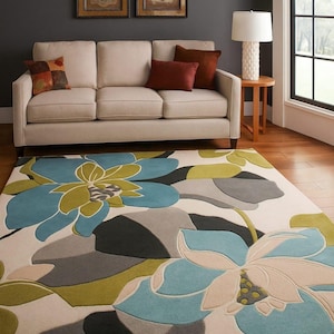 Teal Floral Bloom Hand Tufted Rug Mordern Botanical Area 5x8 8x10 Carpet for Living Room & Bedroom Decor