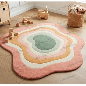 Hand Tufted Wool Area Rug: Irregular Blush Pink Beige Carpet