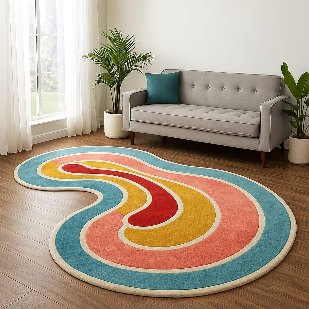 Retro Swirl Irregular Shaped Rug – Hand Tufted Colorful Wool Carpet 4x6 ...