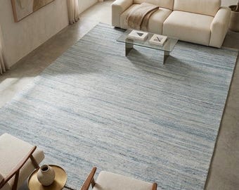 Hand Knotted Wool Rug – Sky Blue Textured Minimalist Carpet, Scandinavian Decor