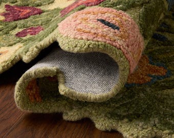 Tapis en laine tufté à la main, tapis botanique floral festonné, décoration de chambre d'enfant style cottagecore