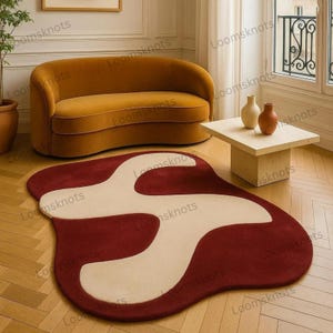 Hand-Tufted Wool Area Rug: Red & Ivory Abstract Irregular Carpet