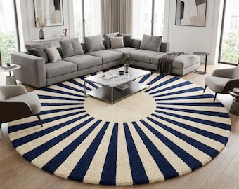 8x8 Hand Tufted Wool Rug – Blue Cream Sunburst Mid Century Modern Carpet