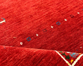 Handmade Loom Knotted Wool Rug: Modern Tribal Red Gabbeh Rug