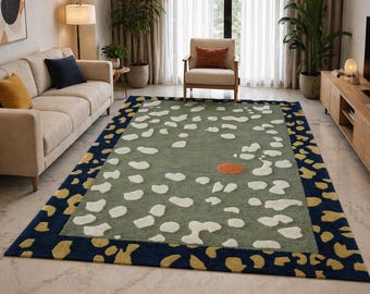 Hand Tufted Wool Rug, Abstract Living Room Carpet, Green Pink Navy Border