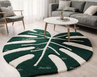 Tropischer Monstera Blatt Teppich - Handgetufteter Grüner Wollteppich für Wohnzimmer oder Schlafzimmer
