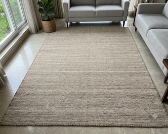 Handwoven Wool Kilim Rug: Light Brown Taupe Boho, Fine Weave 9x12 Area Rug