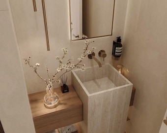 Travertine Pedestal Sink, Special Design Hand-Made Carved Marble Bathroom Sink Natural Stone