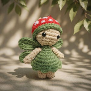 Puede incluir: Una muñeca de hada de ganchillo hecha a mano con una gorra de seta. El hada tiene un vestido y alas verdes, un cuerpo beige y una gorra de seta roja y blanca. La muñeca mide aproximadamente 10 cm de altura.
