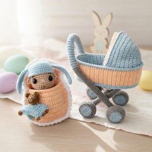 Conjunto de amigurumi de bebé y cochecito de ganchillo, juguete hecho a mano para recién nacidos, regalo pastel para baby shower, recuerdo de decoración para guardería, personalizado