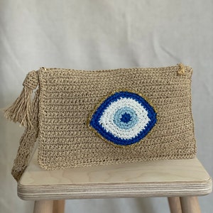 Evil Eye Straw Clutch: Handmade Knitted Nazar Beach Bag
