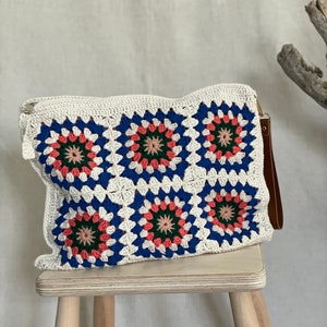 Colorful Granny Square Crochet Clutch, All Day Toiletry Clutch in Boho Style